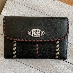BRIGHTON Women’s Trifold Wallet Black Genuine Leather Hand Stitching Details
